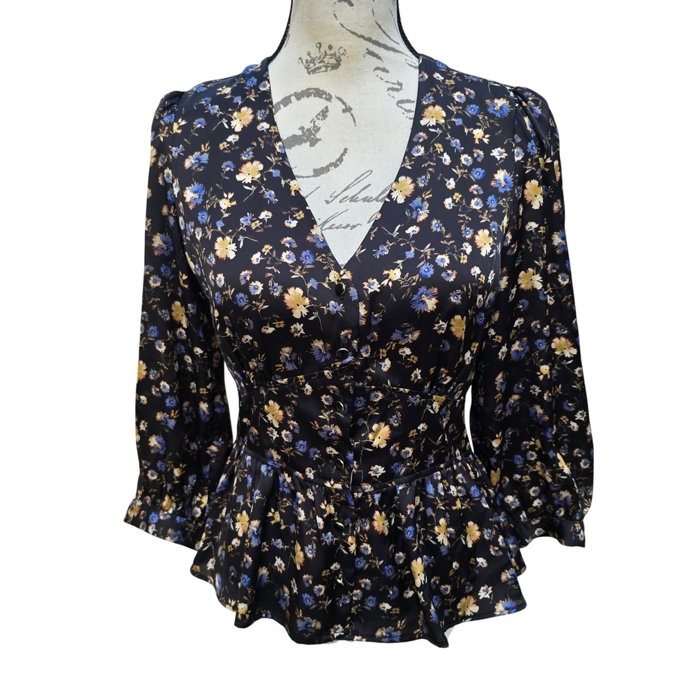 Pablo Paris Black Floral V Neck Peplum Blouse Size‎ 34 / US 4